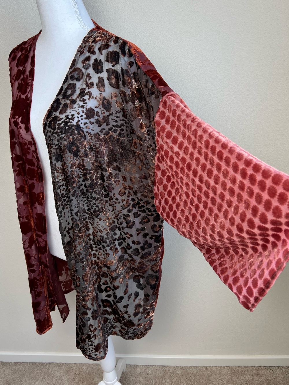Mystree Mixed Print Burn-Out Wrap Kimono M/L Floral Velvet Boho Patchwork Duster - Picture 3 of 8